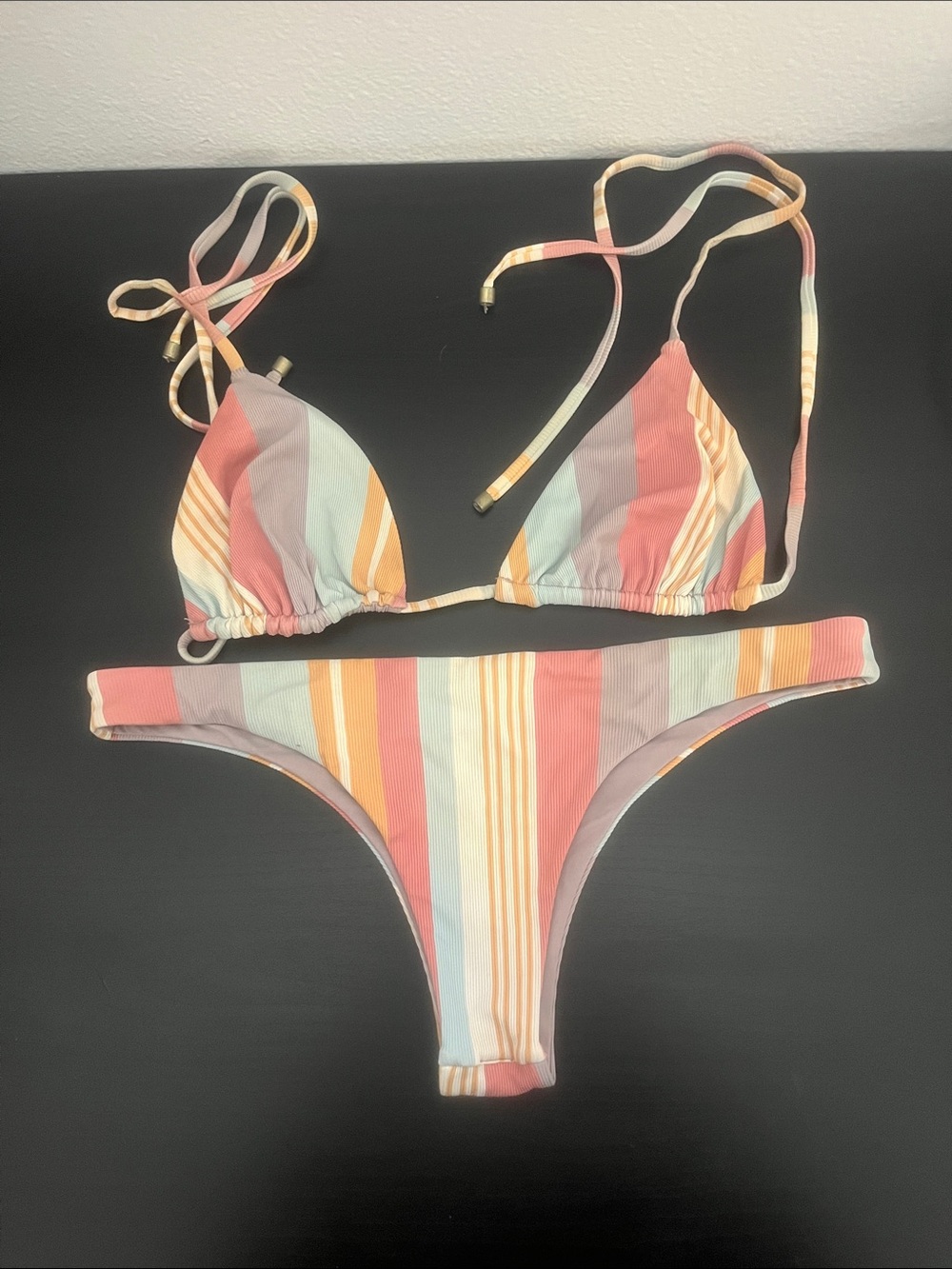 Vitamin A Pastel Multi-Stripe Triangle Bikini - Coral, Mint, Yellow, Lavender